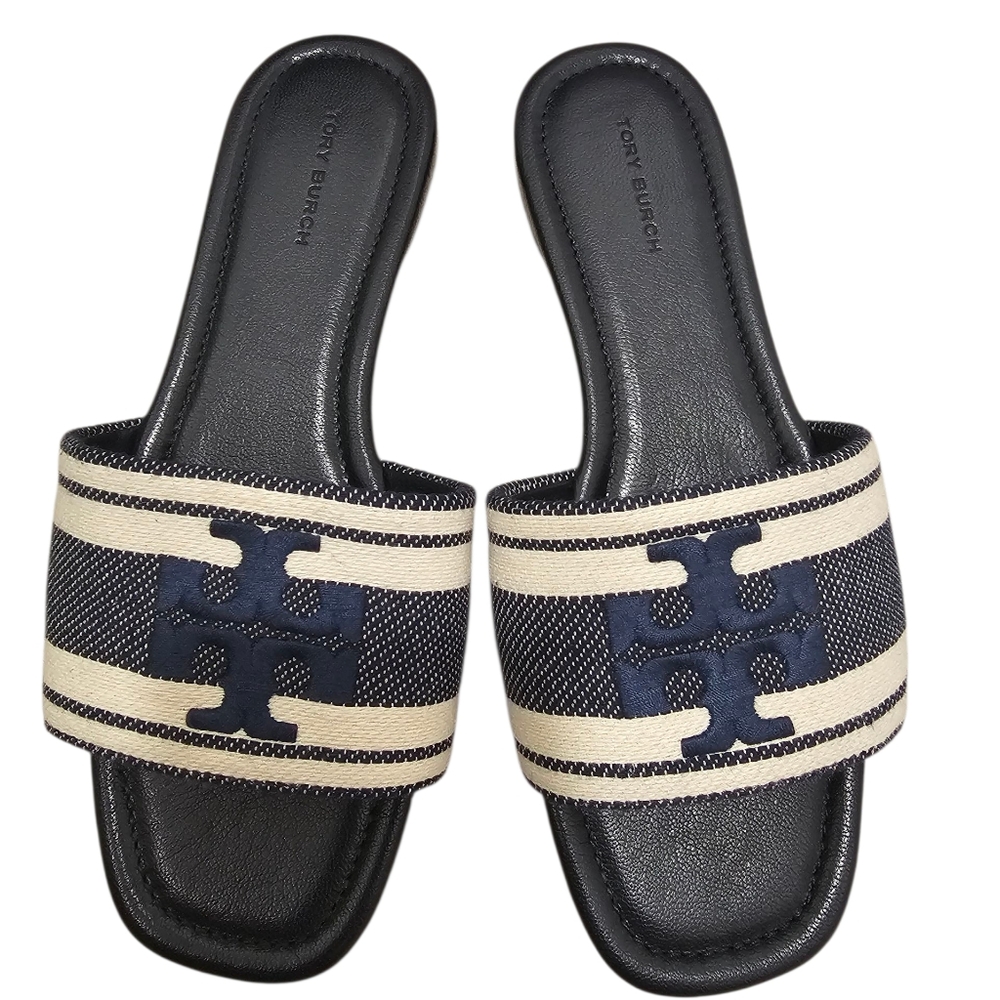 Tory Burch Navy and Cream Slides